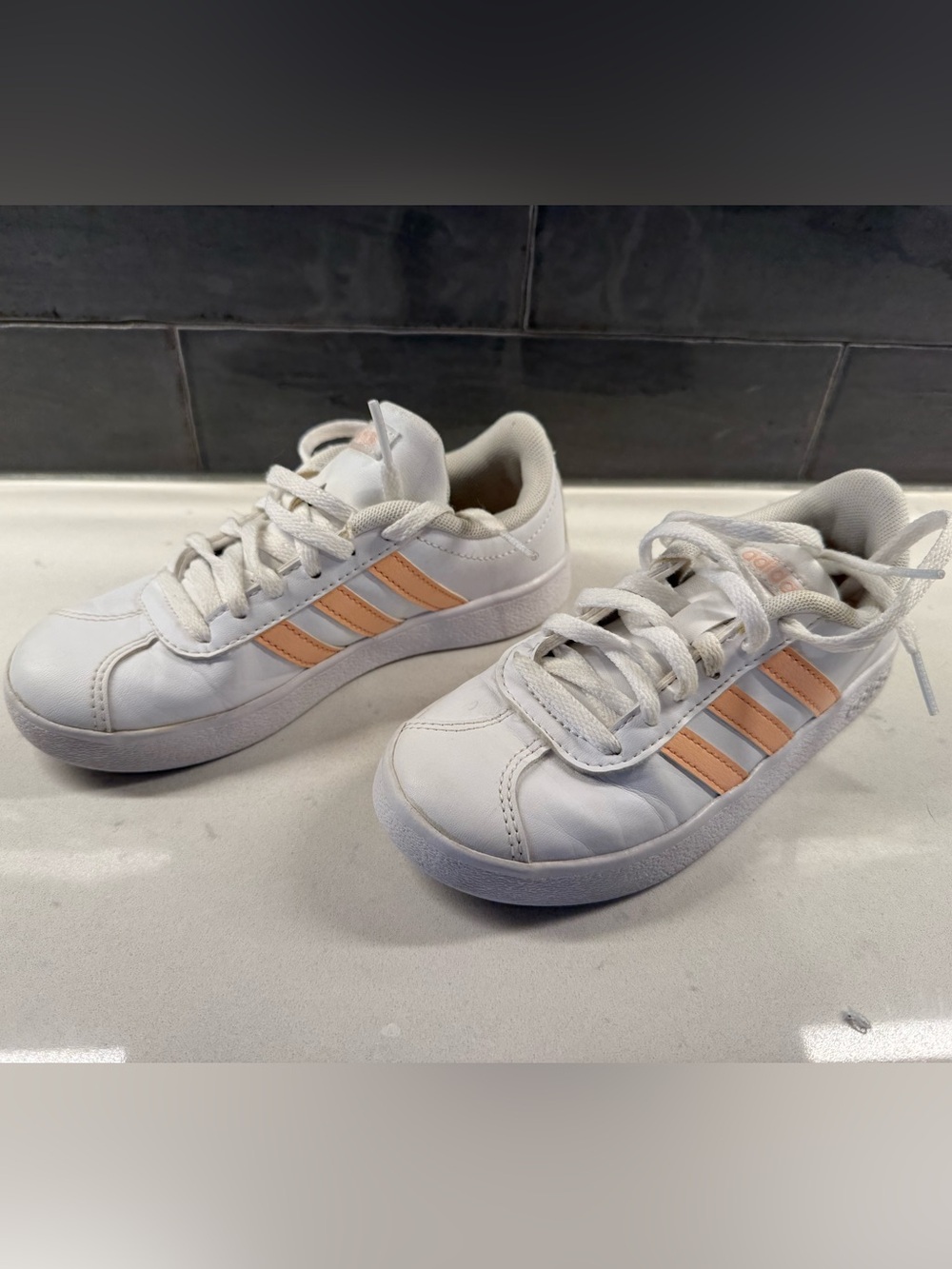 adidas Kids White Sneakers with Peach Stripes